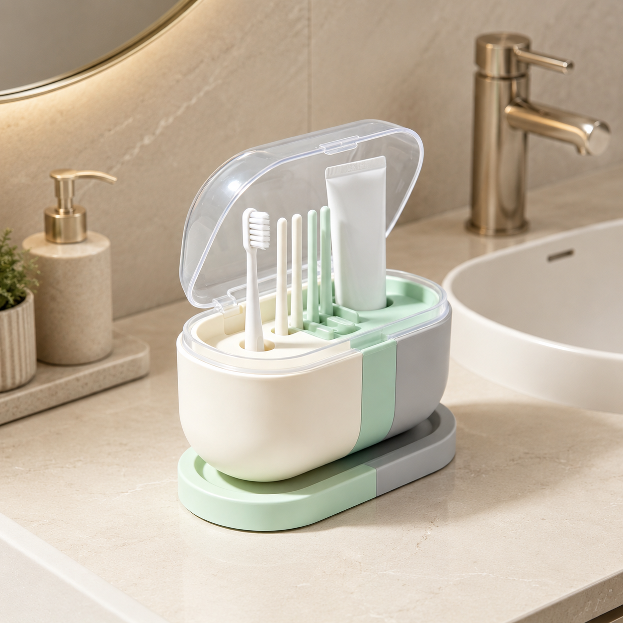 Countertop Toothbrush Holder with Transparent Lid